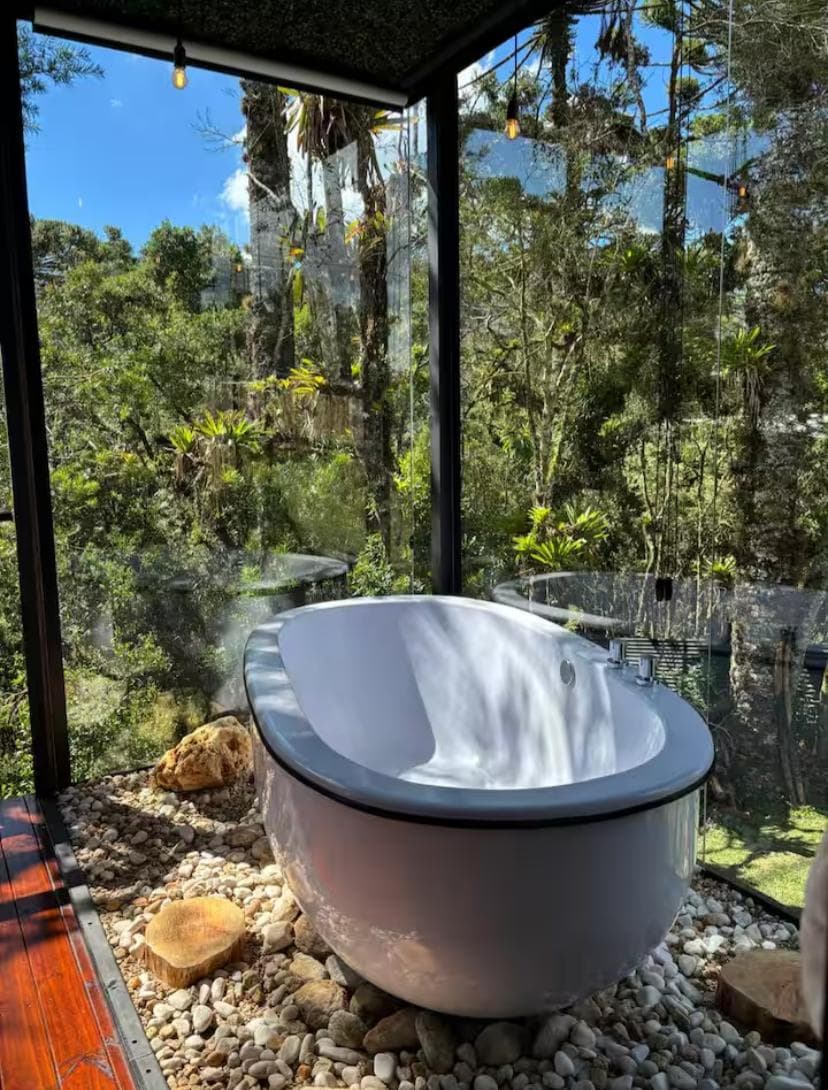 Banheira de imersão sobre pedras, com paredes de vidro e a mata em um dia de céu azul